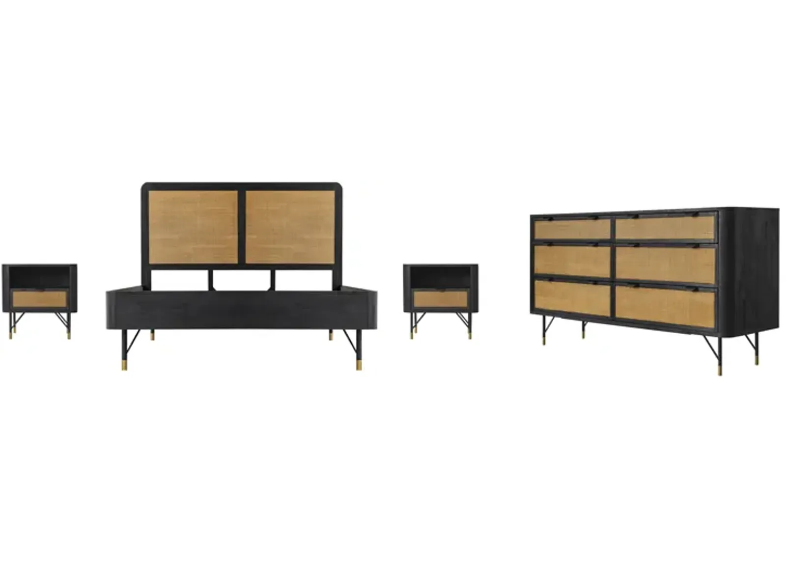 Saratoga 4 Piece Queen Bedroom Set in Black Acacia Wood and Rattan