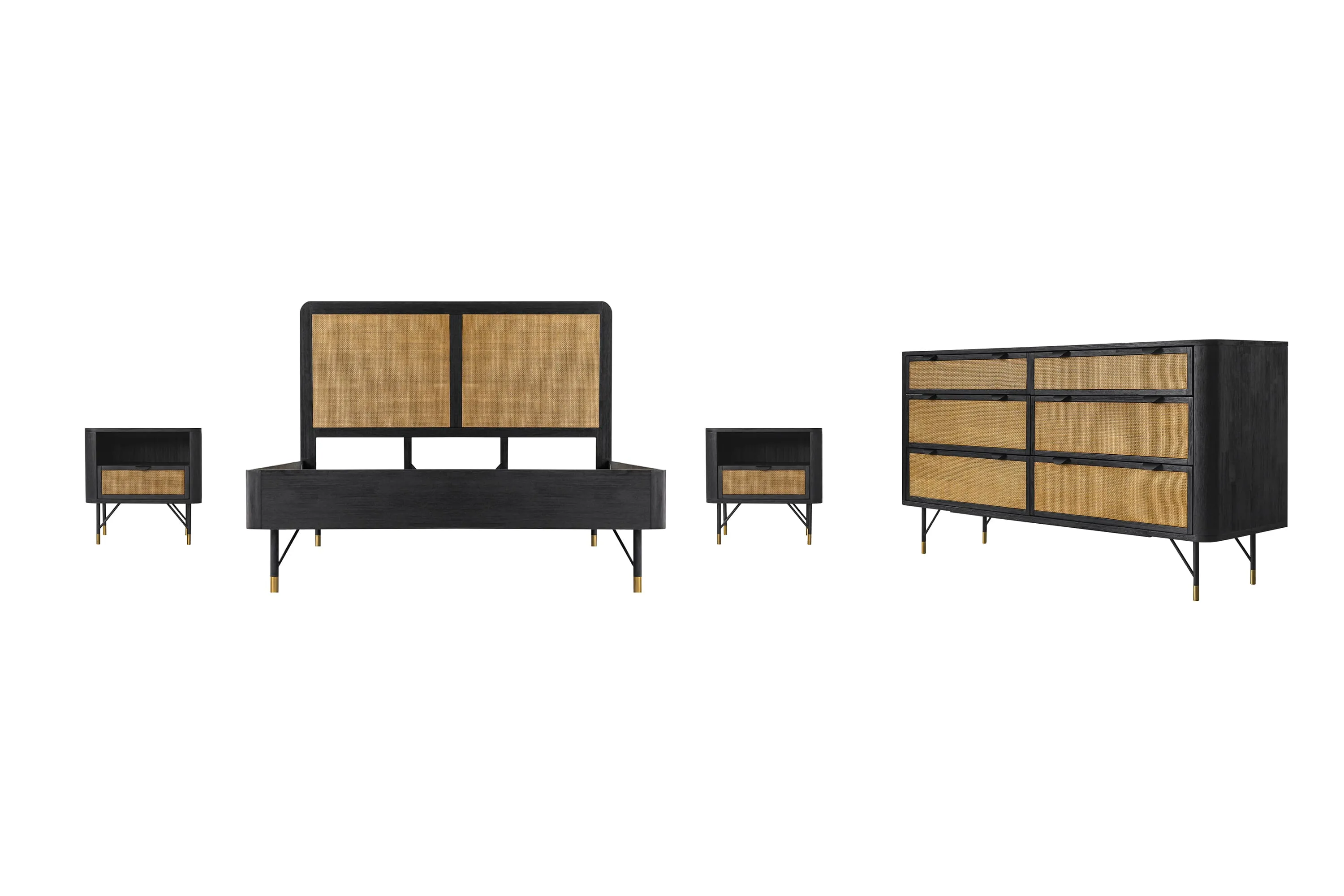 Saratoga 4 Piece Queen Bedroom Set in Black Acacia Wood and Rattan