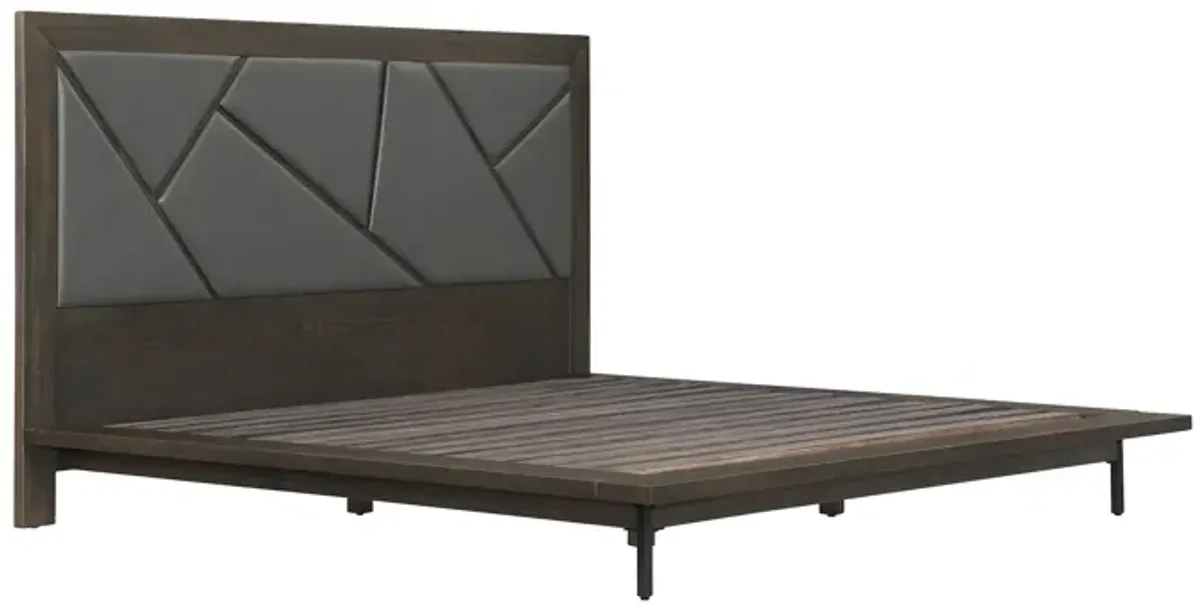 Marquis King Size Platform Bed Frame in Oak Wood with Faux Leather Headboard and Black Metal Legs