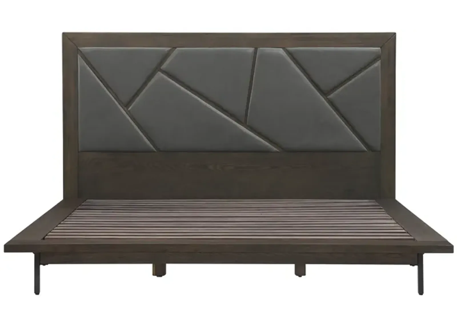 Marquis King Size Platform Bed Frame in Oak Wood with Faux Leather Headboard and Black Metal Legs