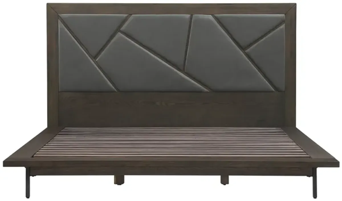 Marquis King Size Platform Bed Frame in Oak Wood with Faux Leather Headboard and Black Metal Legs