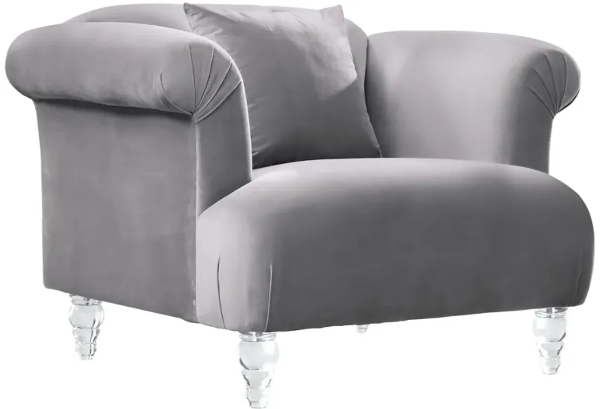 Elegance Contemporary Sofa Chair in Gray Velvet with Acrylic Legs