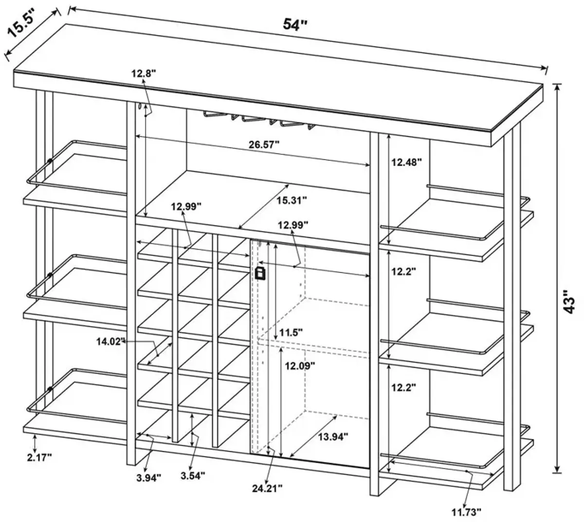 Evelio Bar Unit with Wine Bottle Storage Walnut