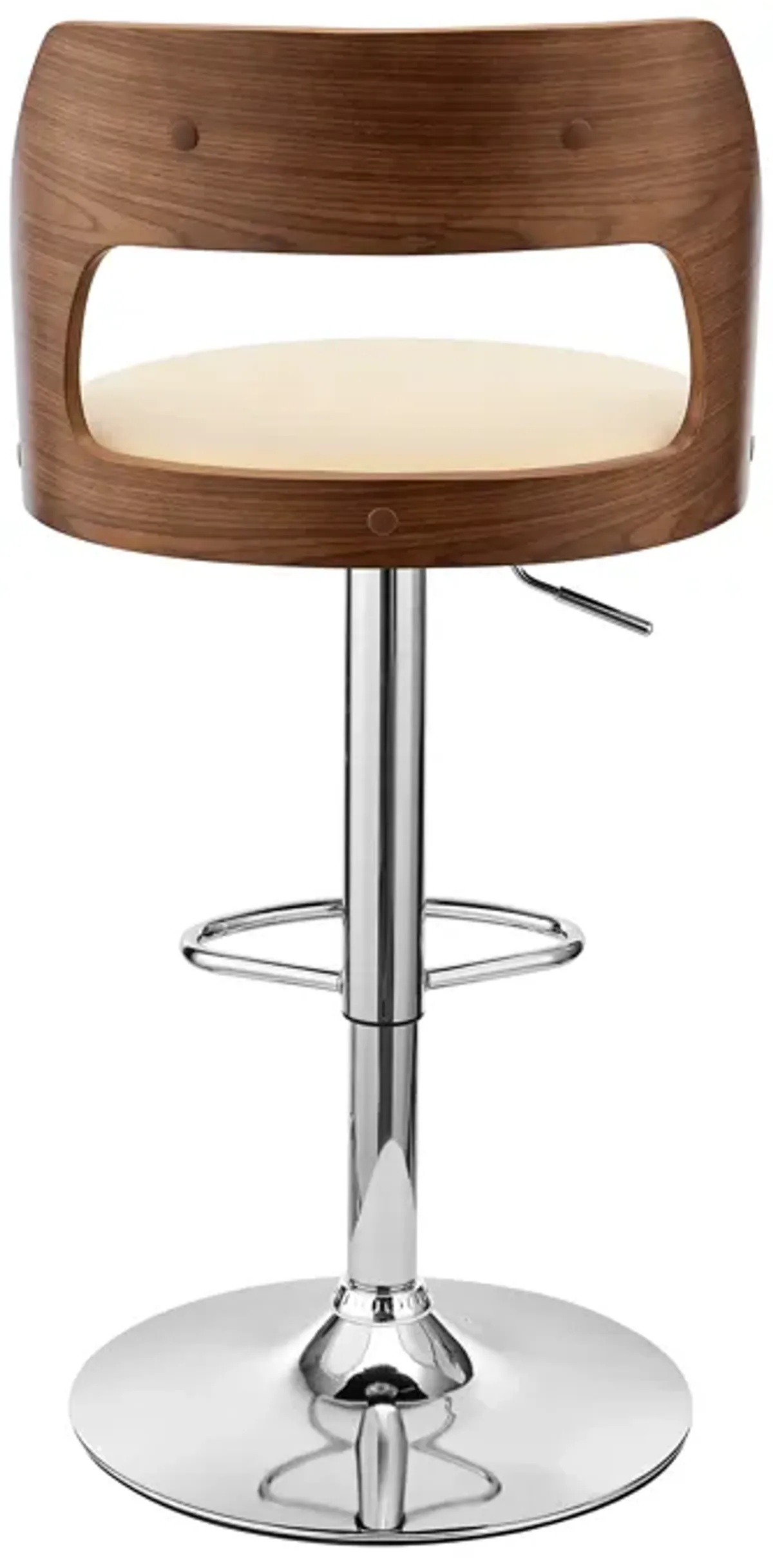 Paulo Adjustable Swivel Cream Faux Leather and Walnut Wood Bar Stool with Chrome Base