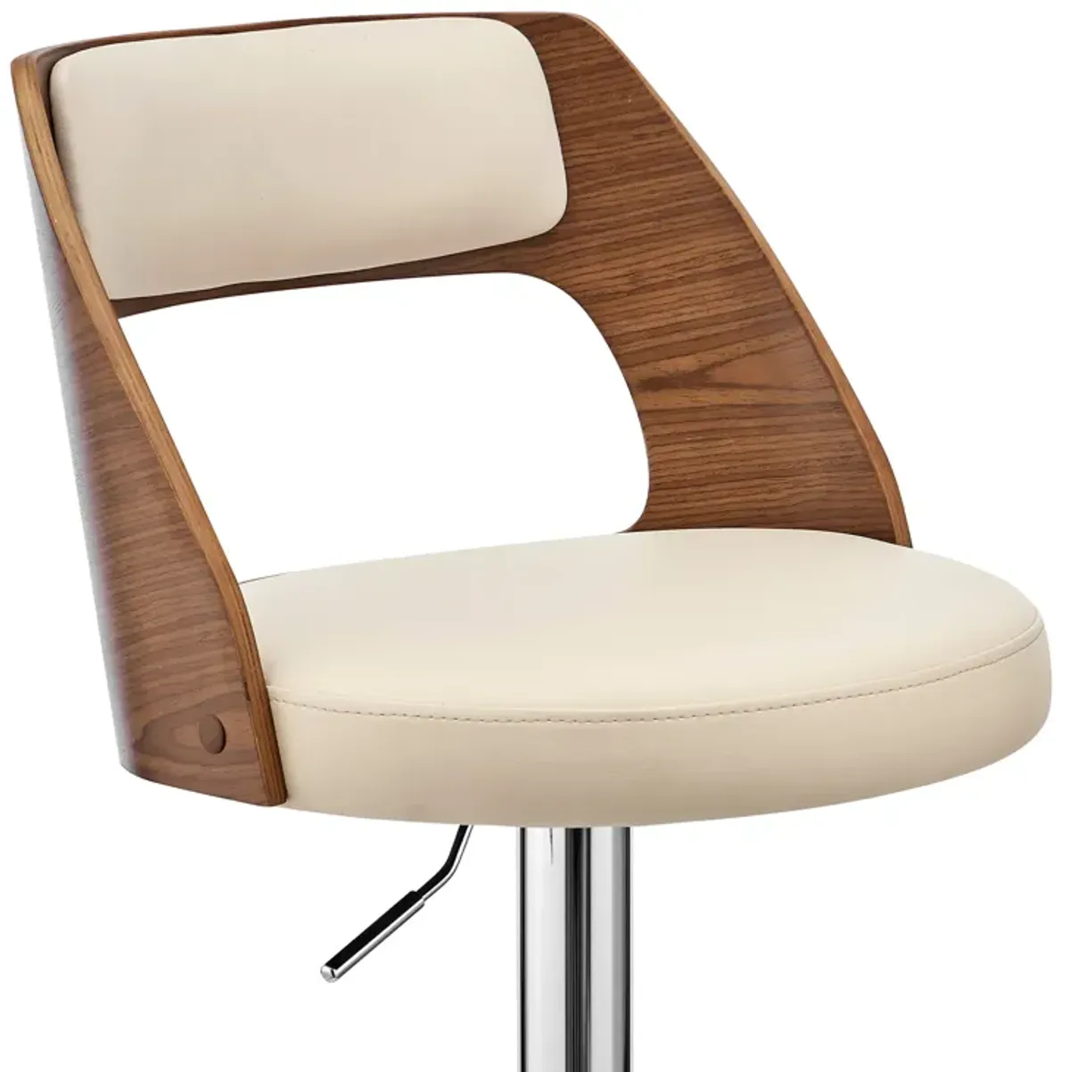 Paulo Adjustable Swivel Cream Faux Leather and Walnut Wood Bar Stool with Chrome Base