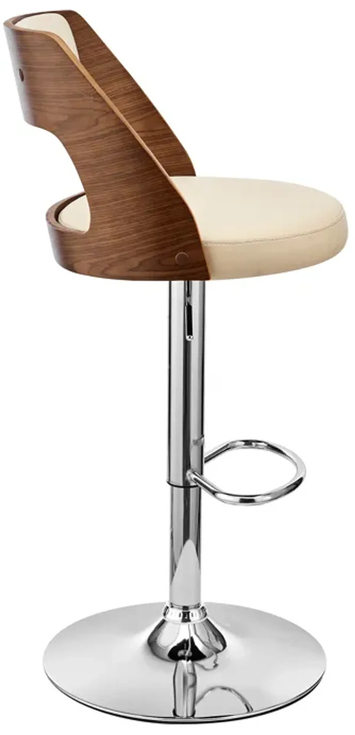 Paulo Adjustable Swivel Cream Faux Leather and Walnut Wood Bar Stool with Chrome Base