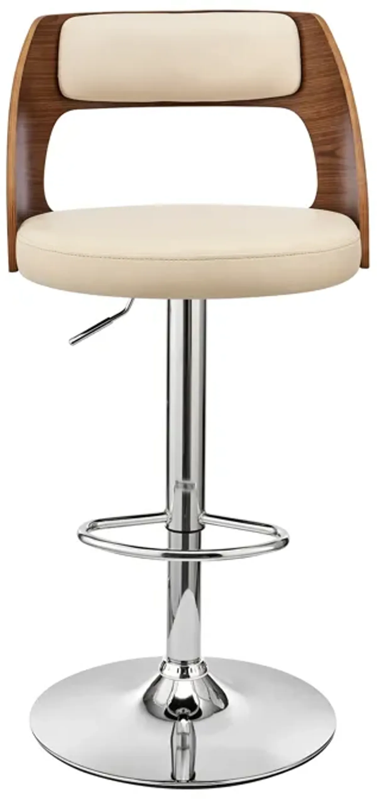 Paulo Adjustable Swivel Cream Faux Leather and Walnut Wood Bar Stool with Chrome Base