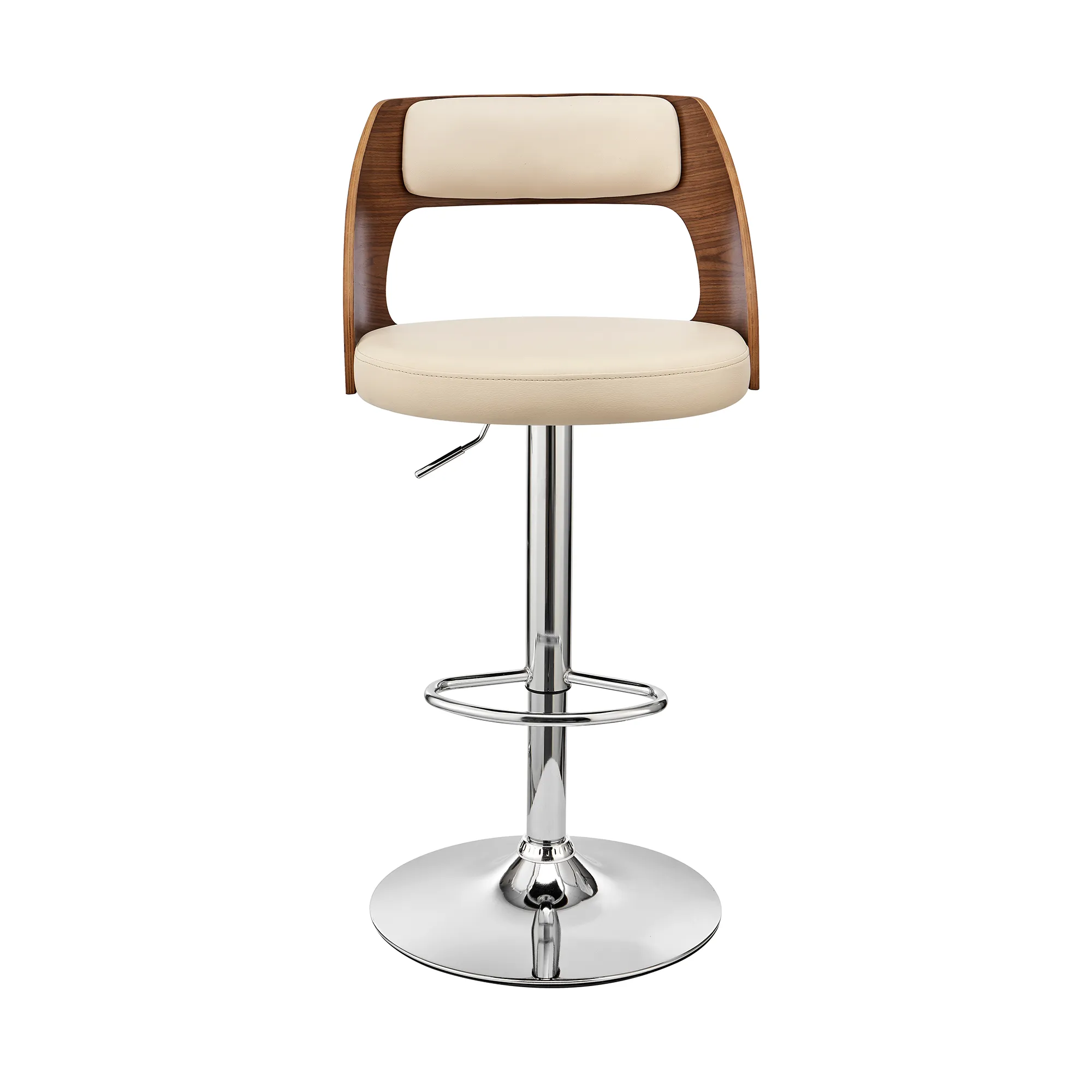 Paulo Adjustable Swivel Cream Faux Leather and Walnut Wood Bar Stool with Chrome Base