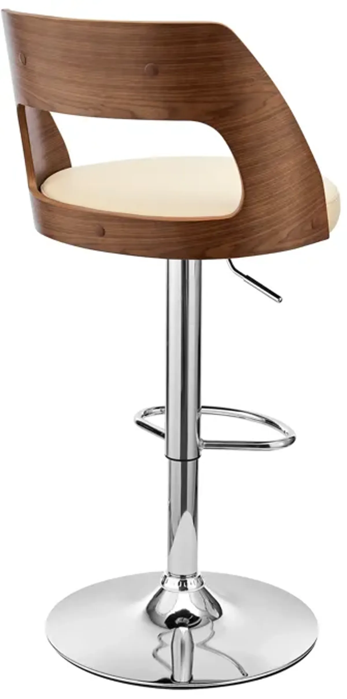 Paulo Adjustable Swivel Cream Faux Leather and Walnut Wood Bar Stool with Chrome Base