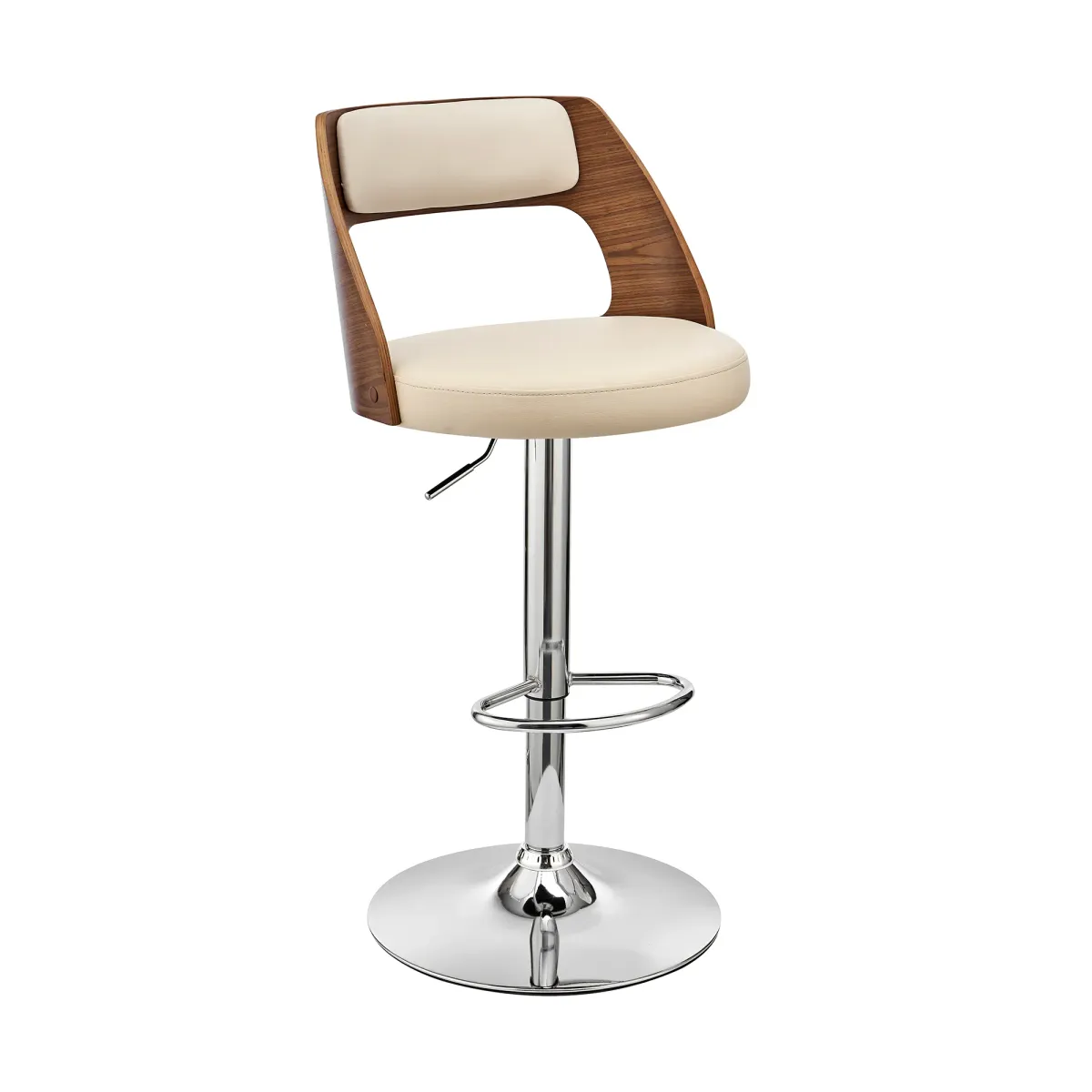 Paulo Adjustable Swivel Cream Faux Leather and Walnut Wood Bar Stool with Chrome Base