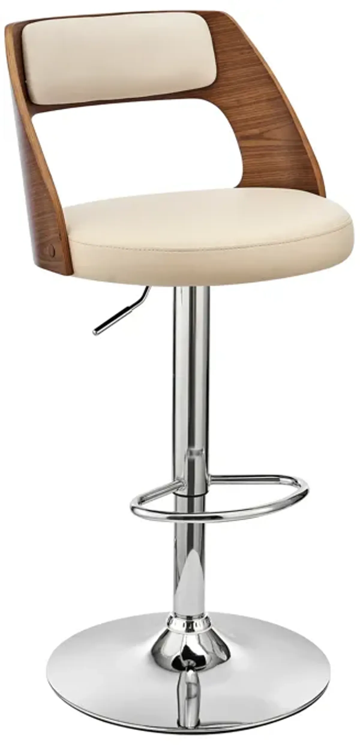 Paulo Adjustable Swivel Cream Faux Leather and Walnut Wood Bar Stool with Chrome Base