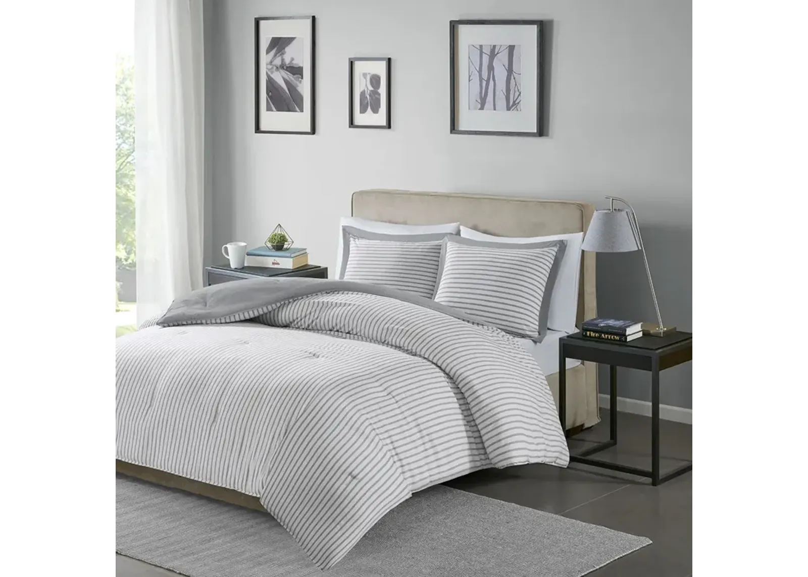 Madison Park Essentials Hayden Grey Reversible Yarn Dyed Stripe Down Alternative Comforter Set