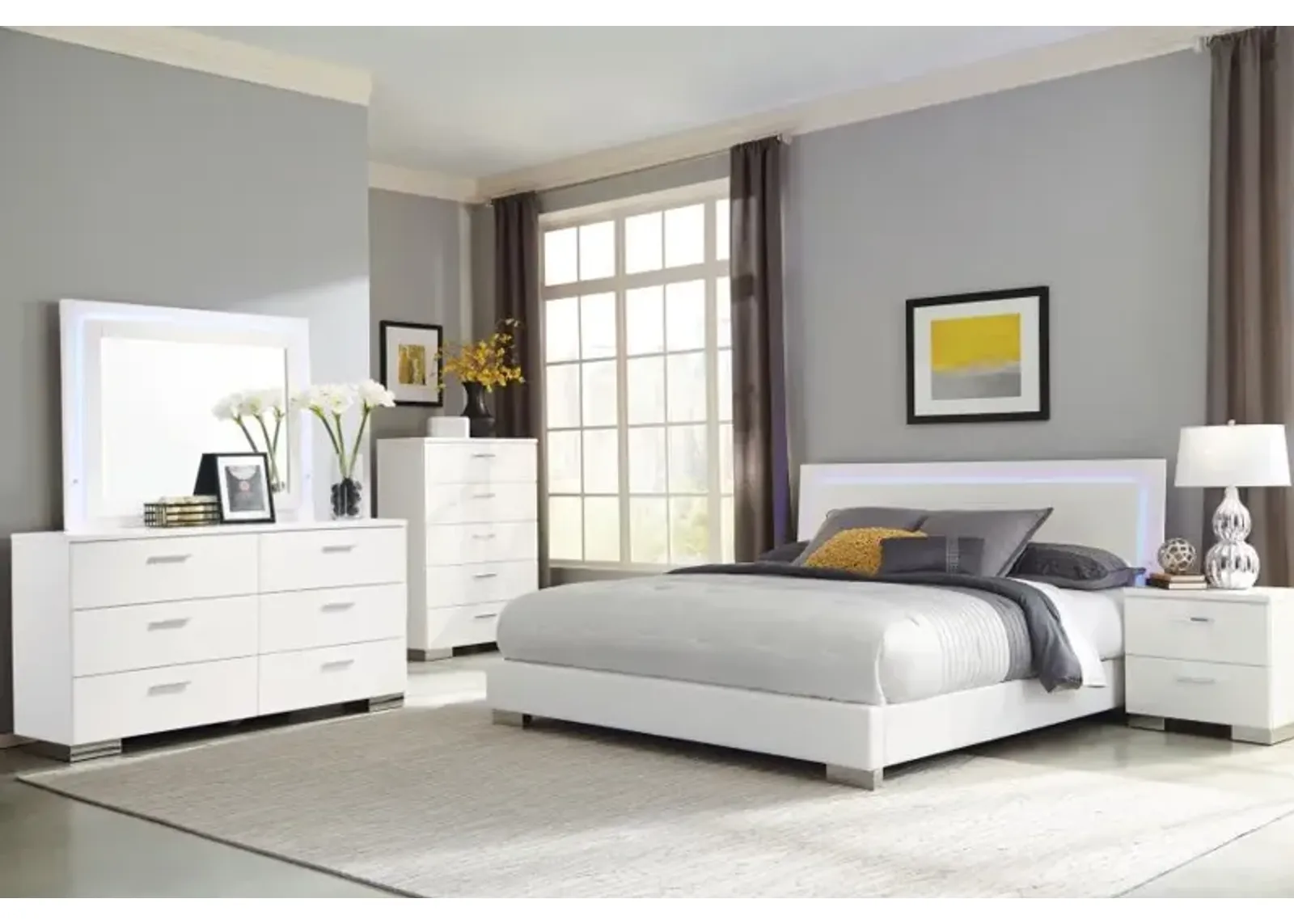 Felicity 5-piece California King Bedroom Set with LED Headboard and Mirror Glossy White