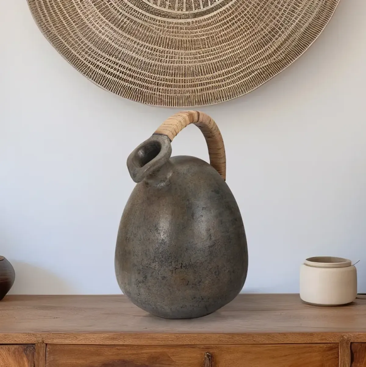 Terracotta, 16" Rustic Jug W/ Woven Handle, Multi