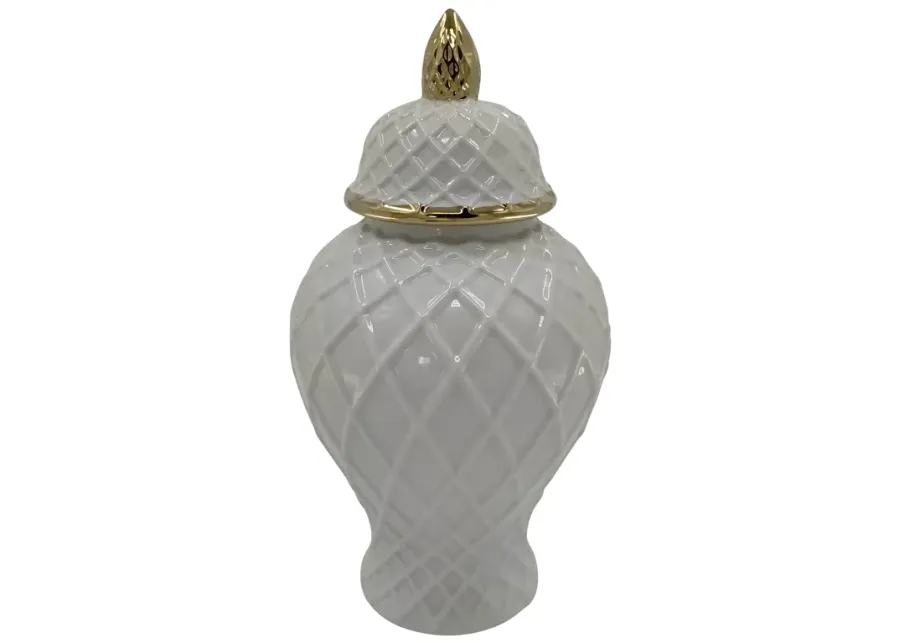 Cer, 14"h Rope Temple Jar, White/gold