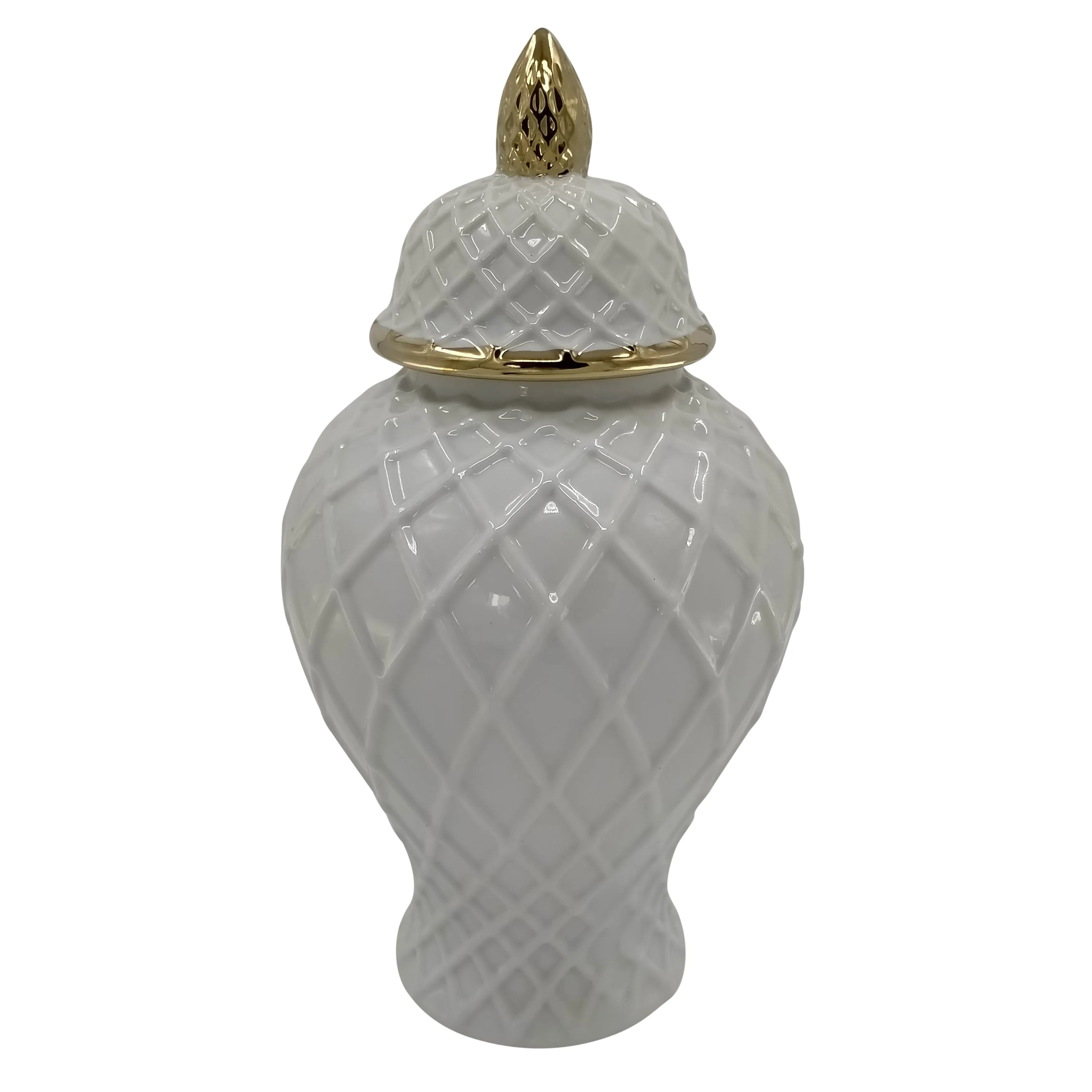 Cer, 14"h Rope Temple Jar, White/gold