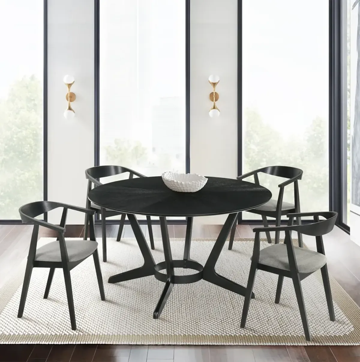 Santana 5 Piece Round Black Wood Dining Table Set with Charcoal Fabric