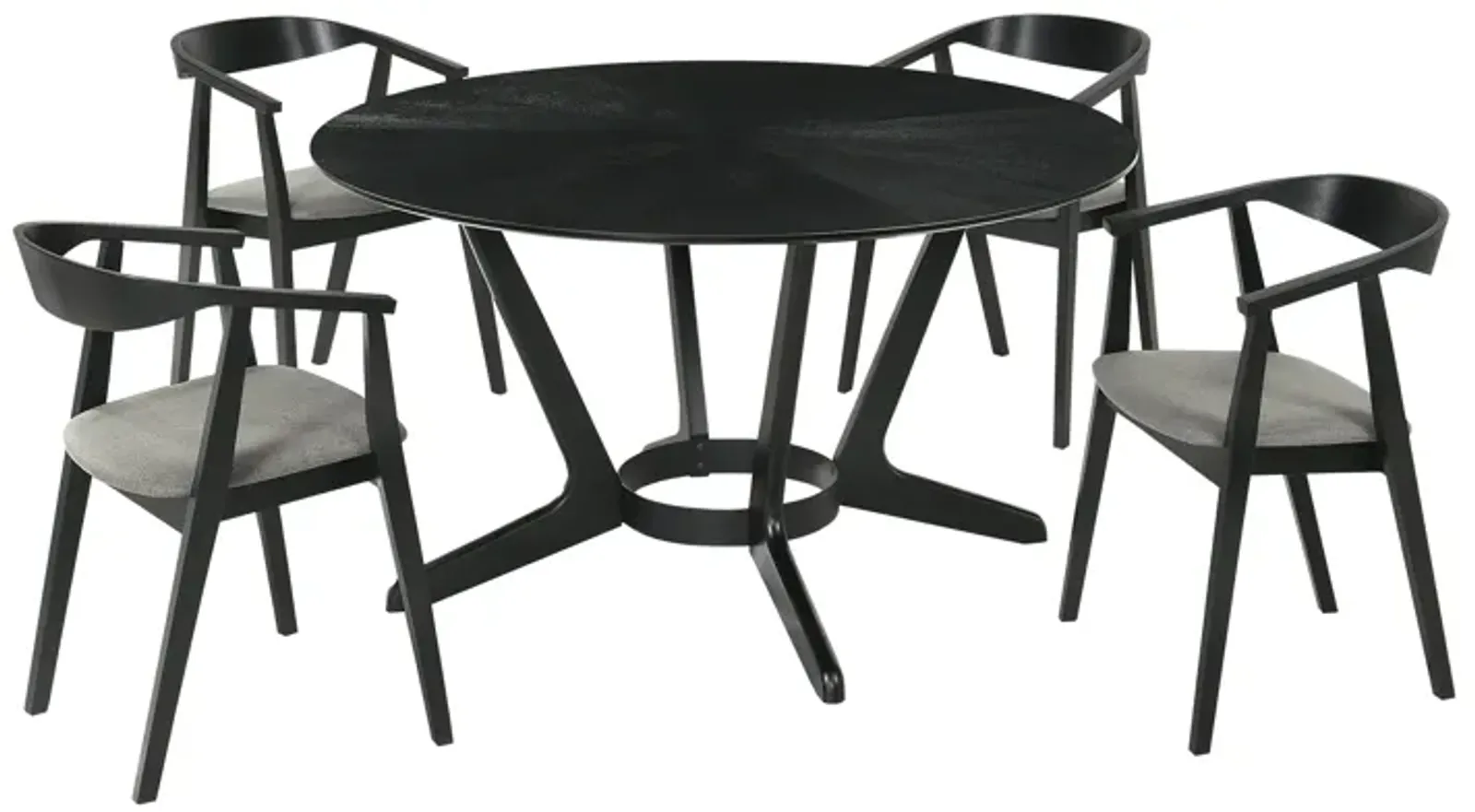 Santana 5 Piece Round Black Wood Dining Table Set with Charcoal Fabric