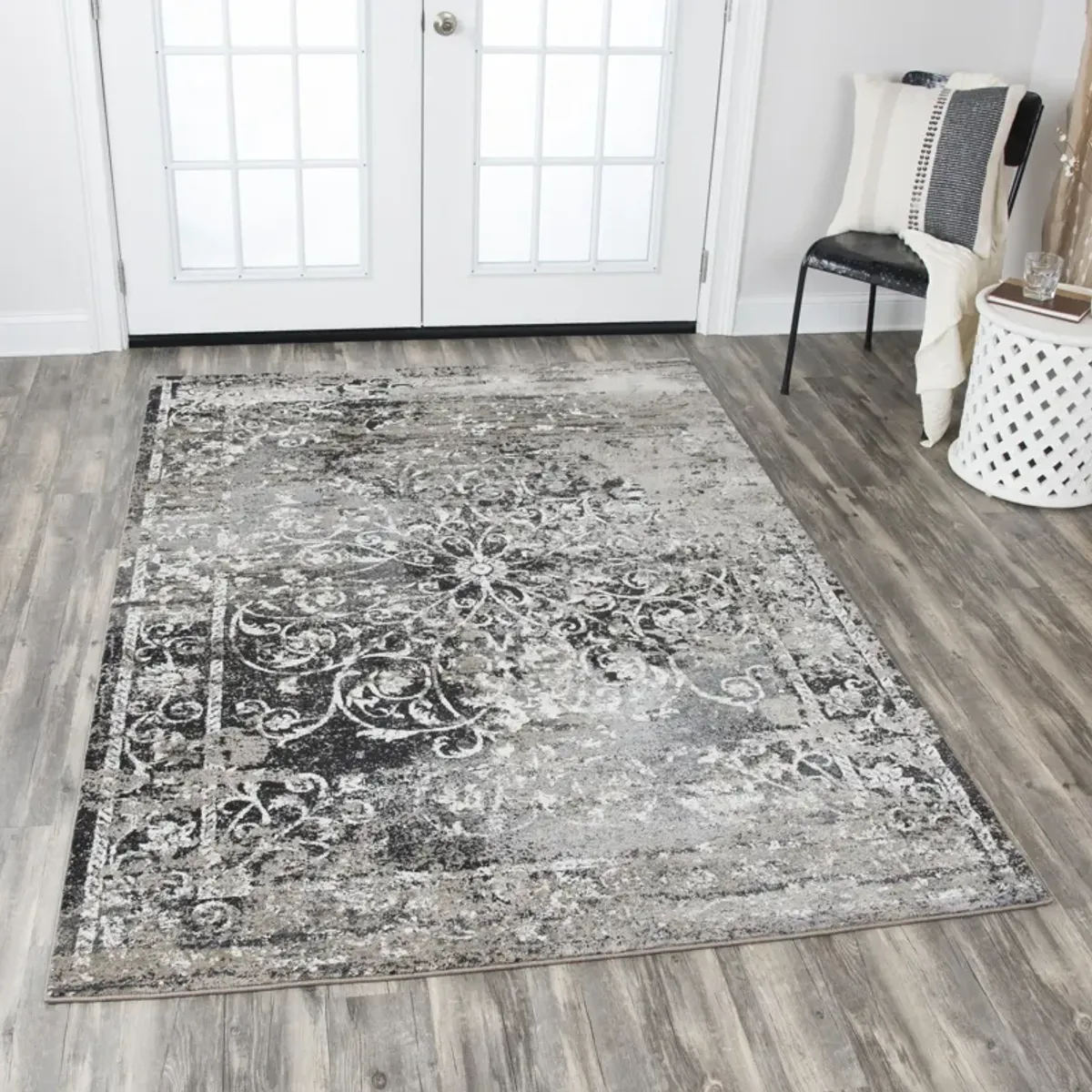 Panache Taupe/Gray Central Medallion Scroll work Distress  Polypropylene 6'7" x 9'6" Rectangle Rug