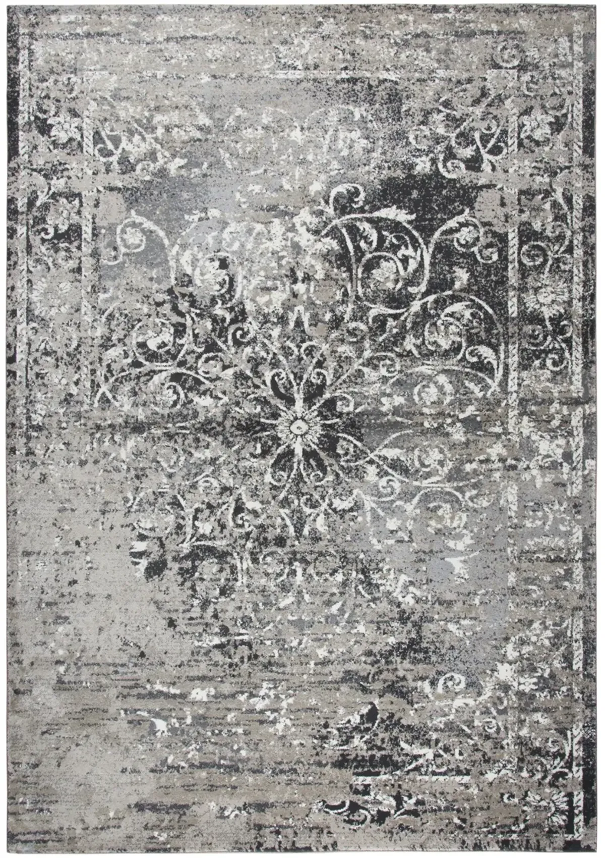 Panache Taupe/Gray Central Medallion Scroll work Distress  Polypropylene 6'7" x 9'6" Rectangle Rug