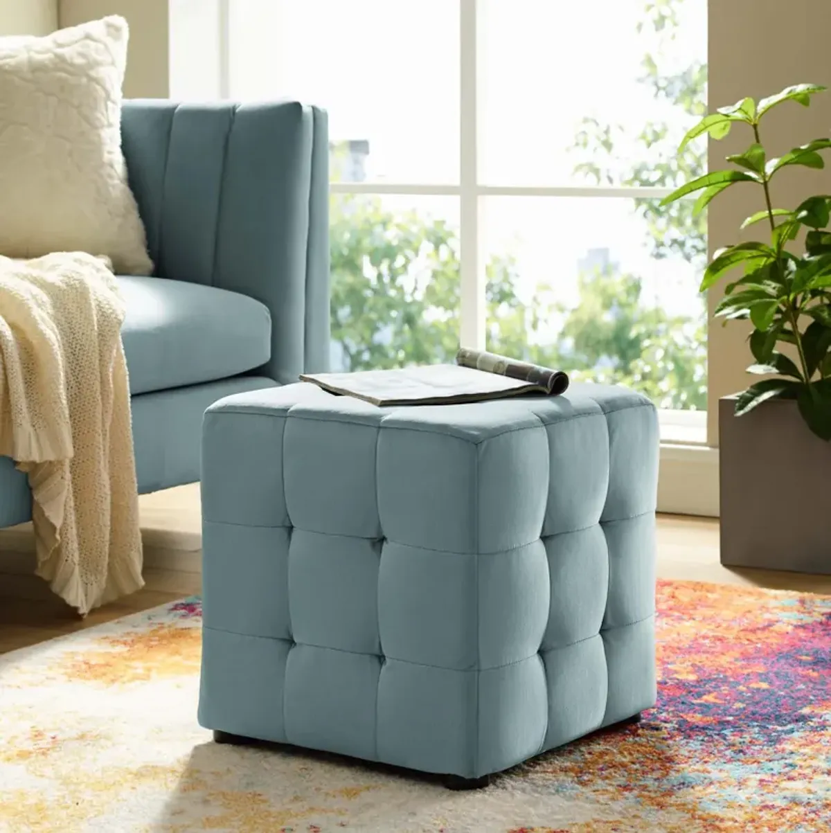 Contour Tufted Cube Performance Velvet Ottoman