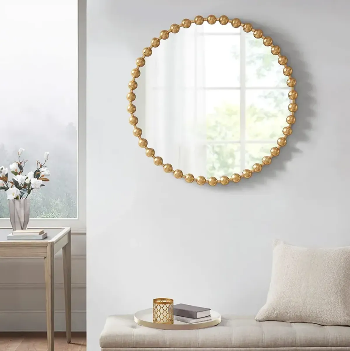 Madison Park Signature Marlowe Gold Beaded Round Wall Mirror 36"D