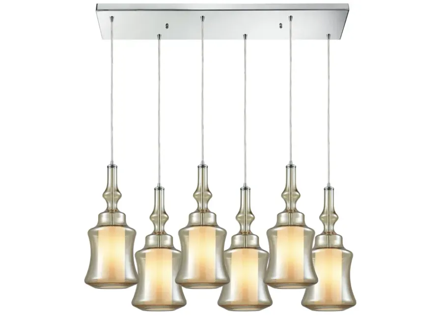 Alora 6-Light Rectangular Pendant Fixture in Chrome with Champagne-plated and Opal White Glass