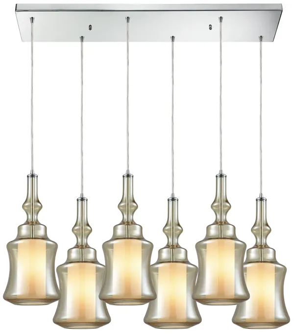 Alora 6-Light Rectangular Pendant Fixture in Chrome with Champagne-plated and Opal White Glass