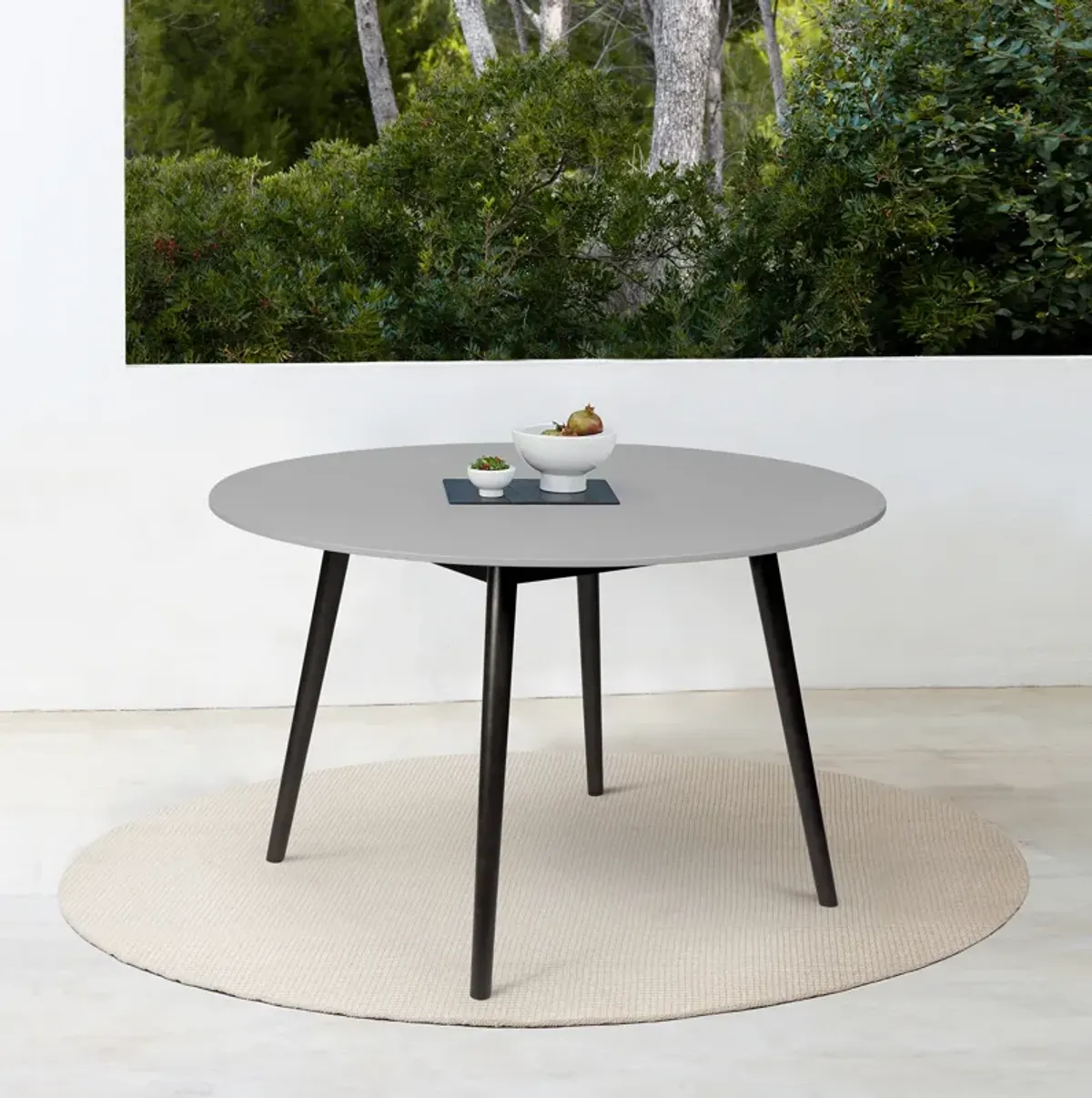Sydney Outdoor Patio Round Dining Table in Dark Eucalyptus and Gray Stone