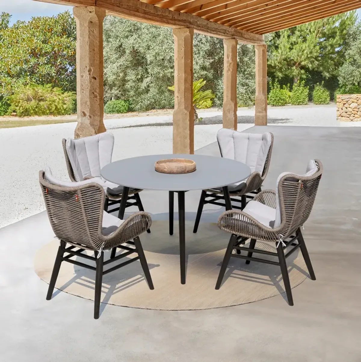 Sydney Outdoor Patio Round Dining Table in Dark Eucalyptus and Gray Stone