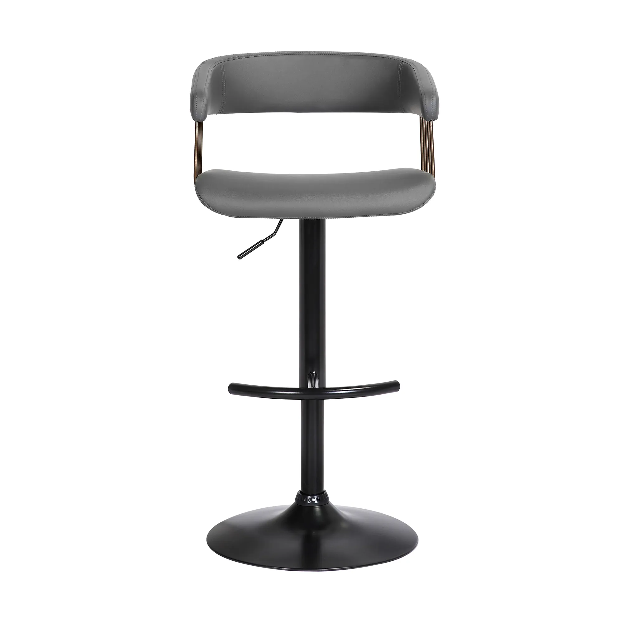 Calista Adjustable Bar Stool in Gray Faux Leather with Golden Bronze and Black Metal