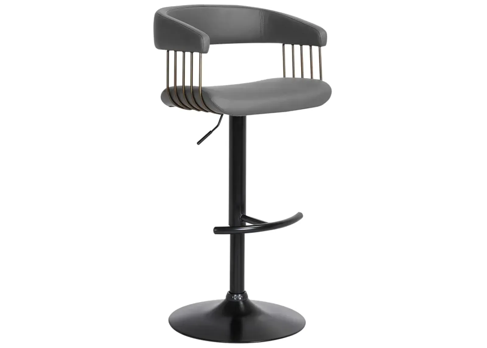 Calista Adjustable Bar Stool in Gray Faux Leather with Golden Bronze and Black Metal