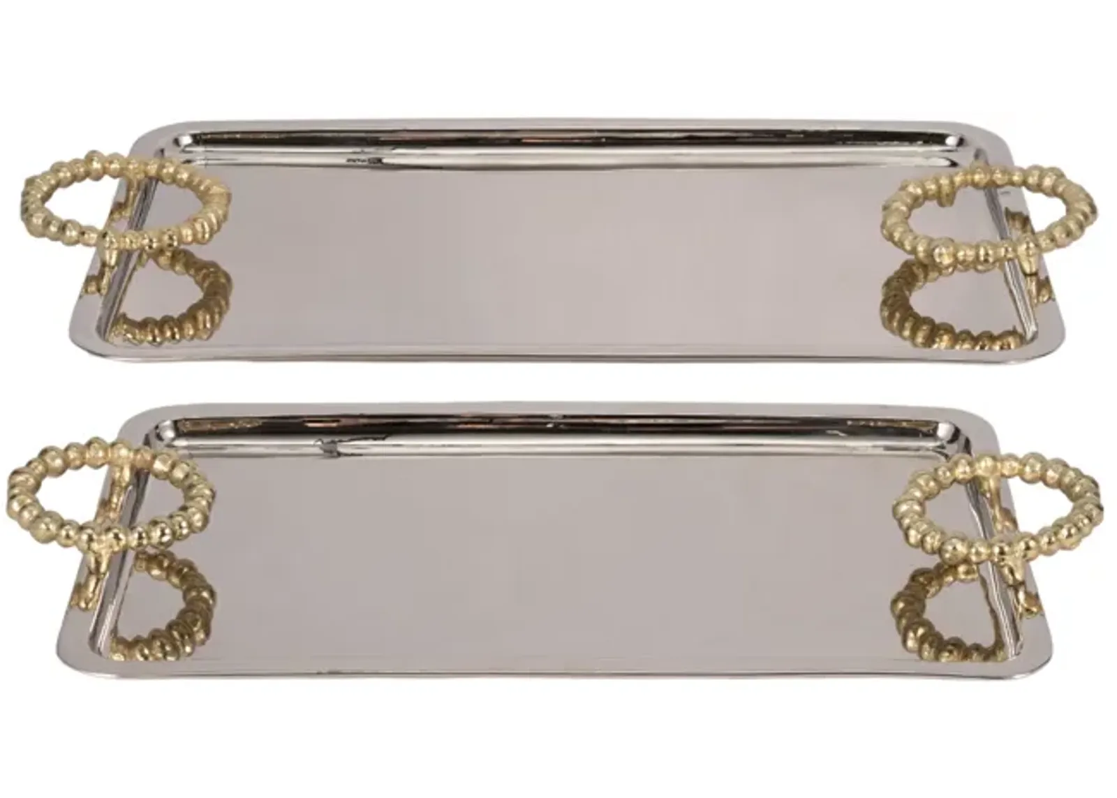 Metal, S/2 23/28" Trays With Beaded Handles,silver