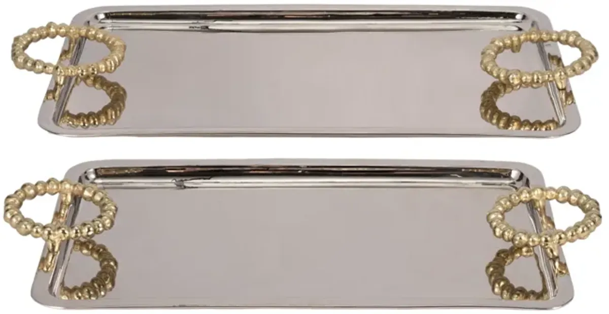 Metal, S/2 23/28" Trays With Beaded Handles,silver