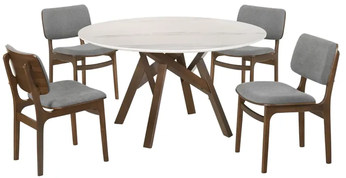 Venus and Lima 5 Piece Walnut and Marble Round Dining Set