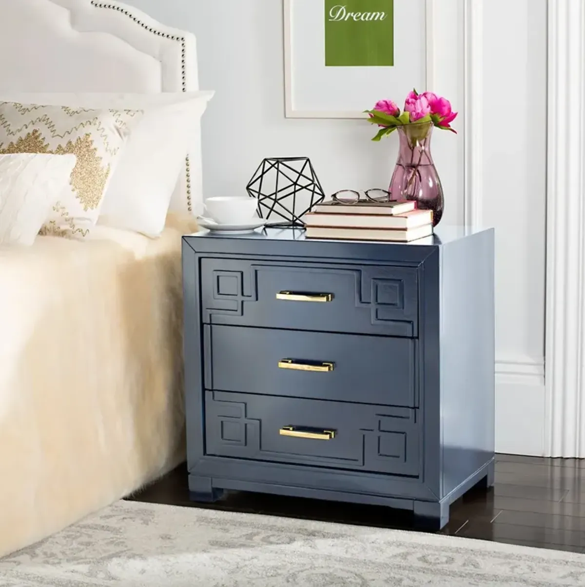 RAINA THREE DRAWER GREEK KEY NIGHT STAND 