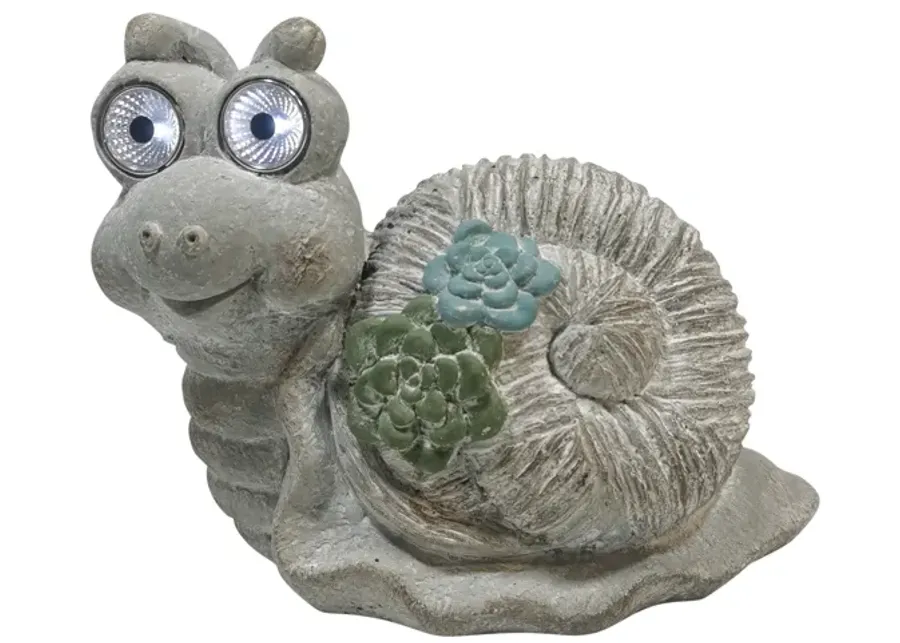 12" Snail With Succulents And Solar Eyes, Grey