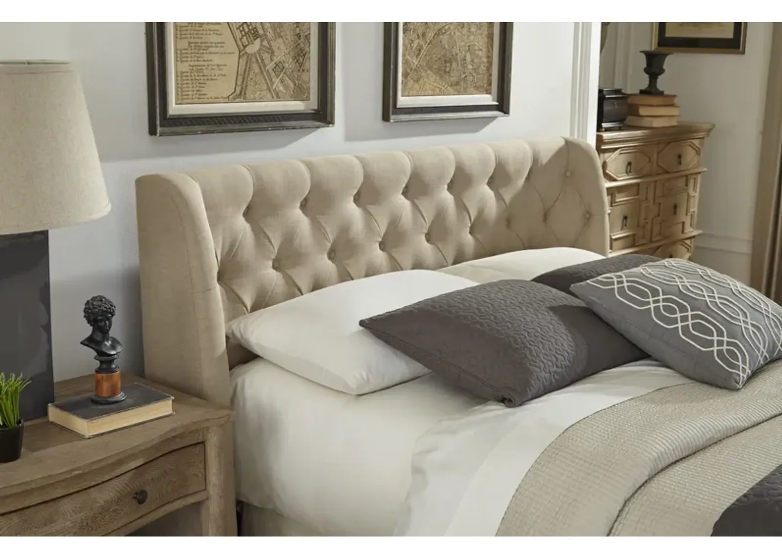 Levi Queen-size Wingback Upholstered Headboard in Toast Linen