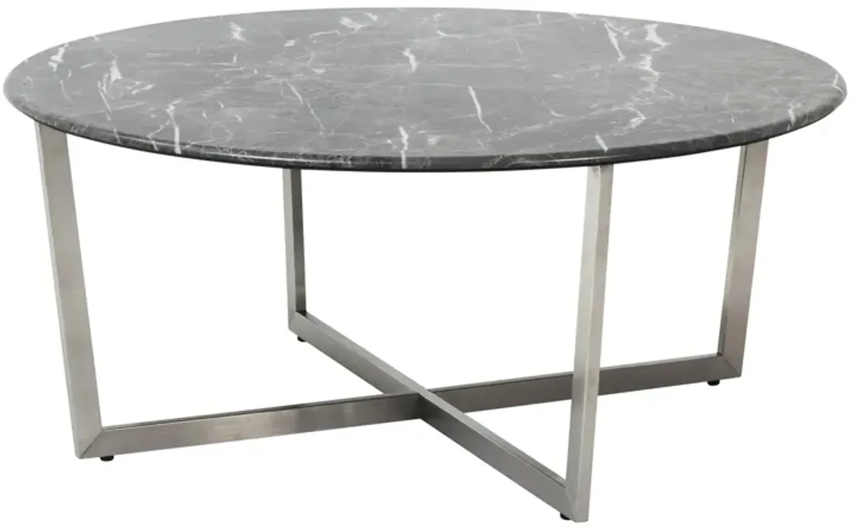 Llona 36" Round Coffee Table in Black Marble Melamine with Brushed Stainless Steel Base