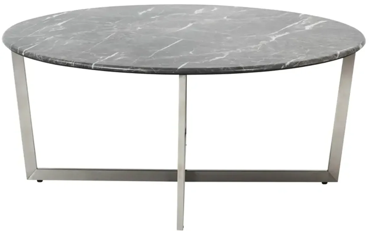 Llona 36" Round Coffee Table in Black Marble Melamine with Brushed Stainless Steel Base