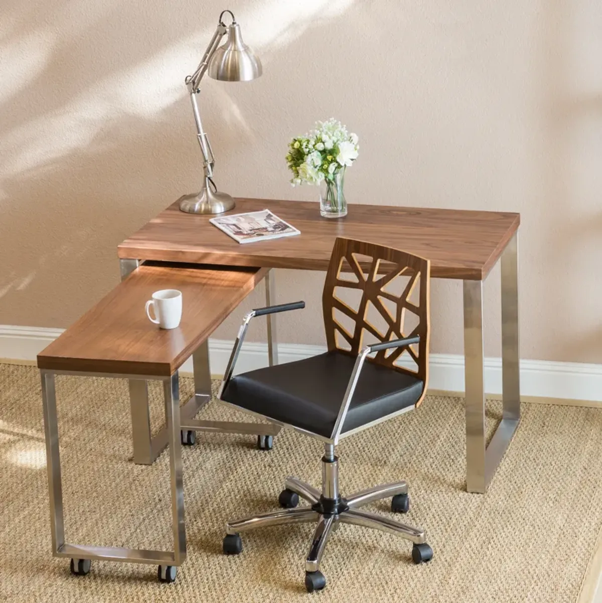 Dillon Desk in American Walnut Veneer with Brushed Stainless Steel Base