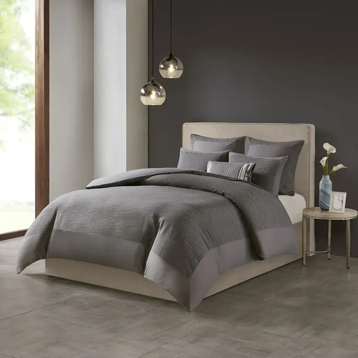 N Natori Hanae Grey Cotton Blend Yarn Dyed 3 Piece Duvet Cover Set