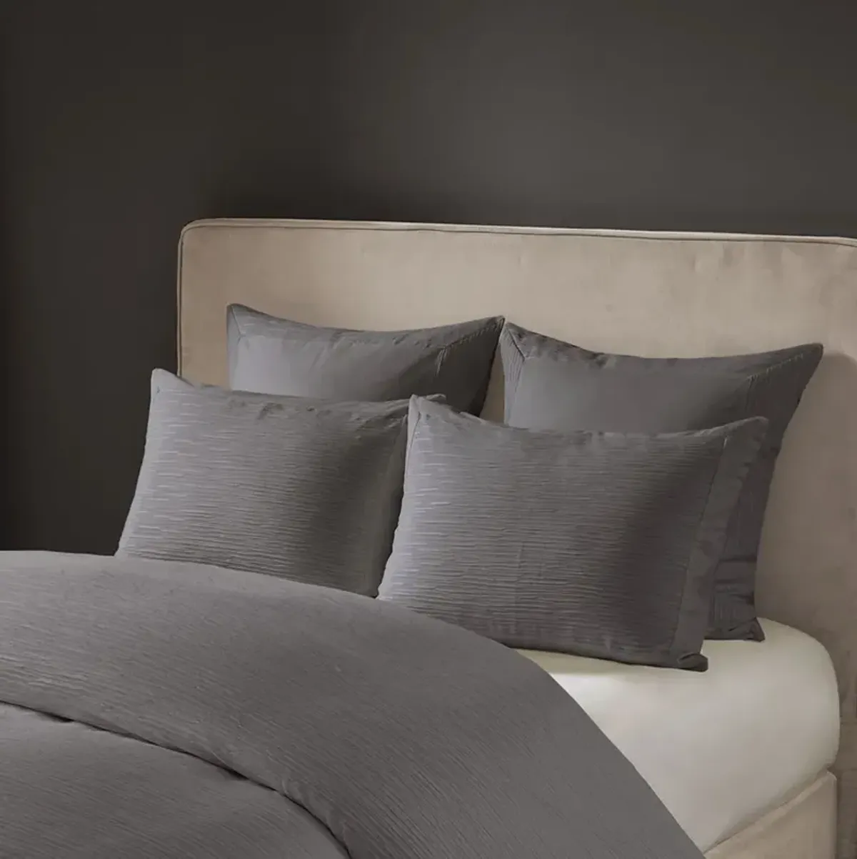 N Natori Hanae Grey Cotton Blend Yarn Dyed 3 Piece Duvet Cover Set