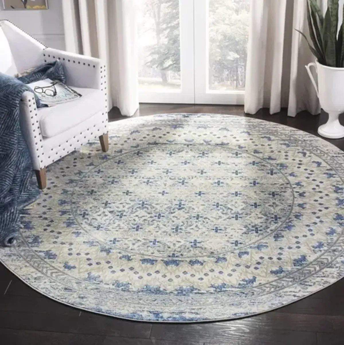 Brentwood 899 Light Grey / Blue 9' X 9' Round Round Powerloomed Rug