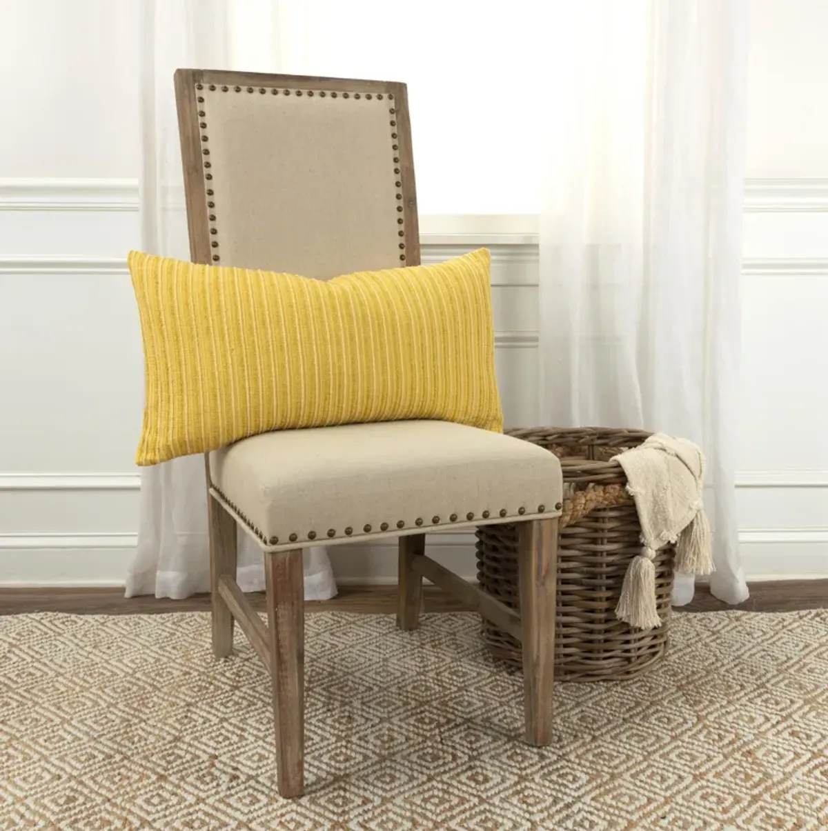 Stripe Patterned Solid Yellow Pillow