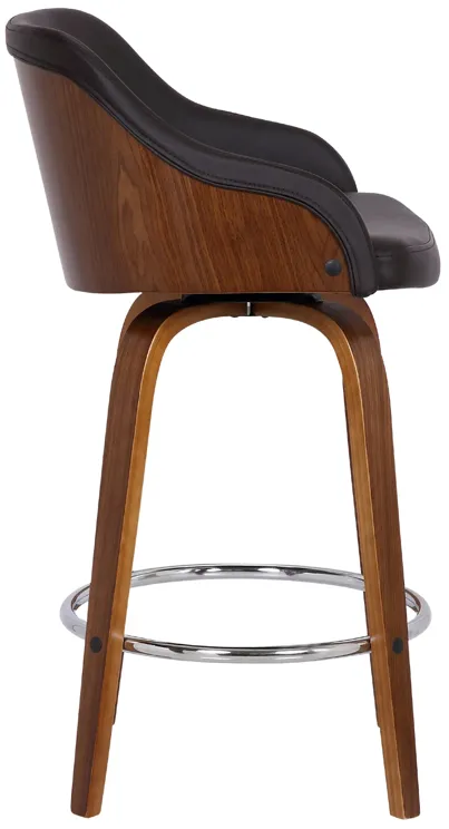 Alec 30" Bar Height Swivel Brown Faux Leather and Walnut Wood Bar Stool