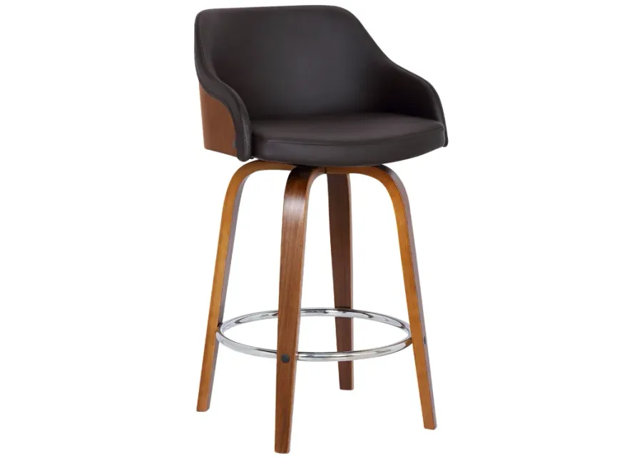 Alec 30" Bar Height Swivel Brown Faux Leather and Walnut Wood Bar Stool