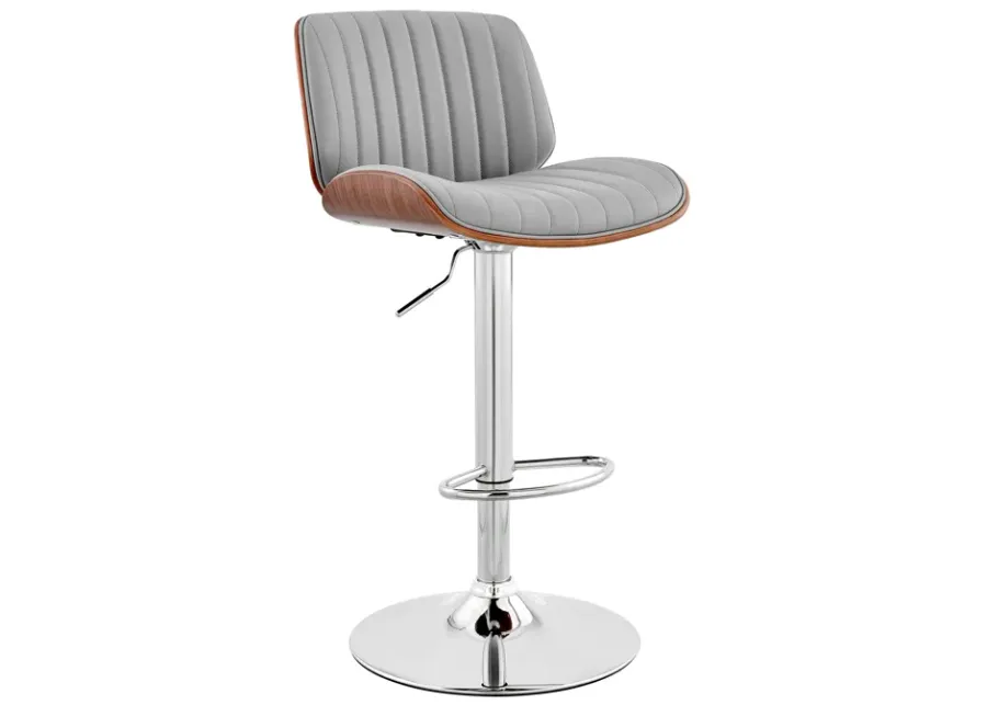 Brock Adjustable Gray Faux Leather and Walnut Wood with Chrome Finish Bar Stool