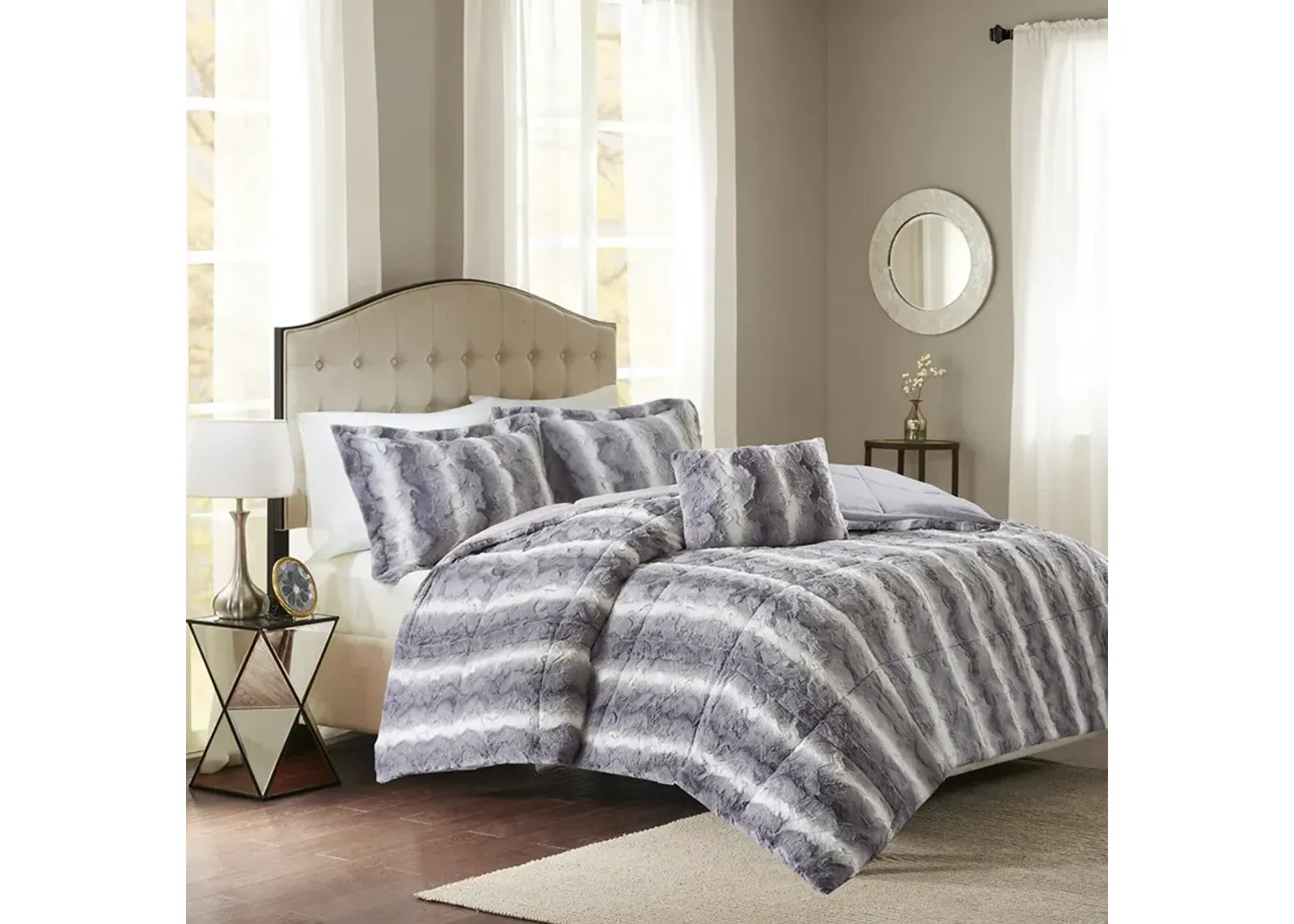 Madison Park Zuri Grey 4PC Faux Fur Comforter Set