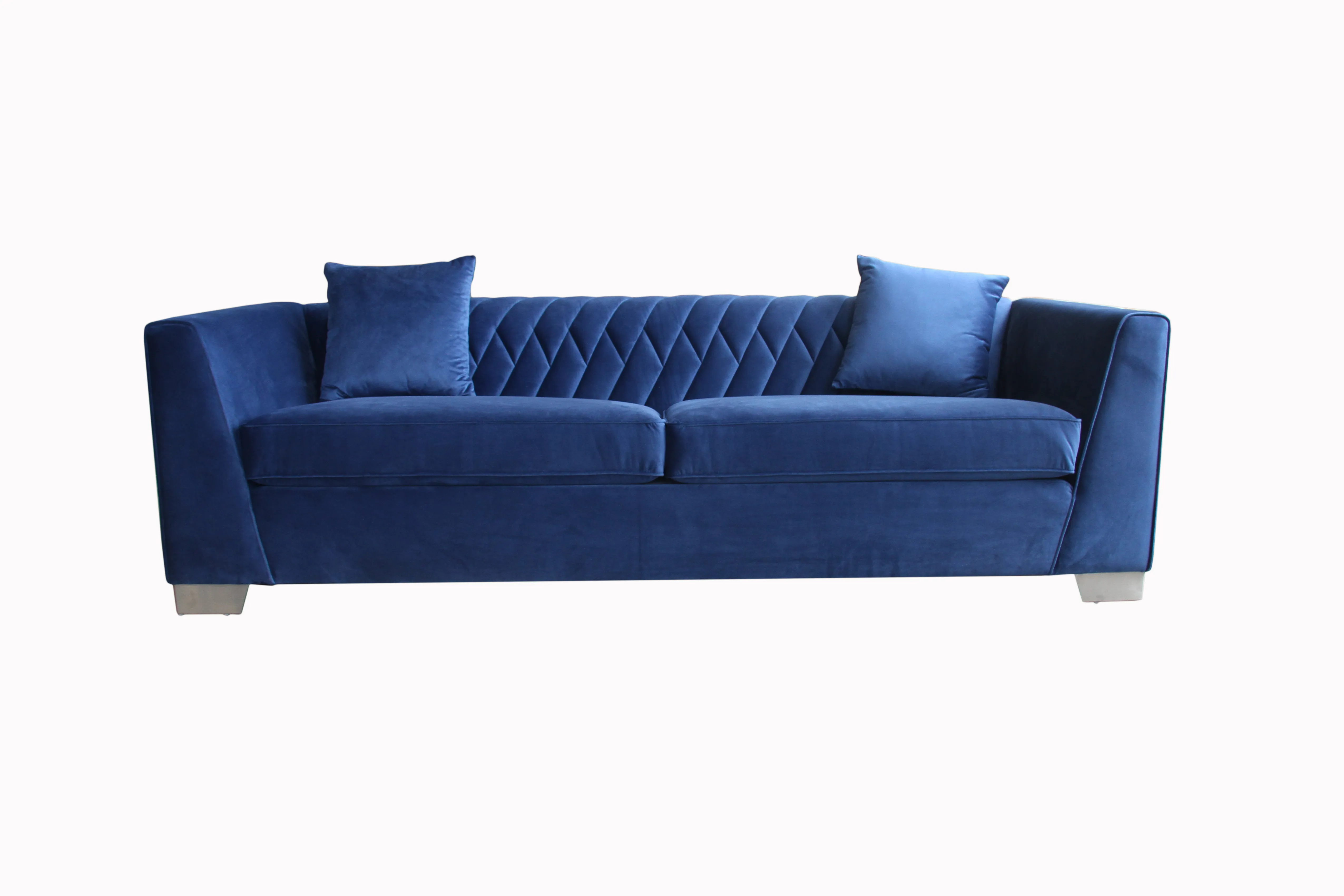 Cambridge Contemporary Sofa in Brushed Stainless Steel and Blue Velvet